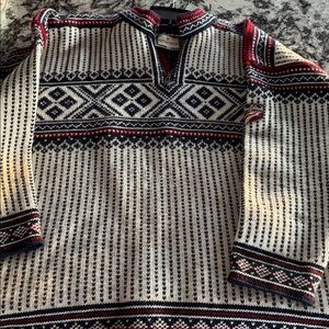 Dale of Norway Men's Blue, White, and Red Patterned Zip-Up Sweater